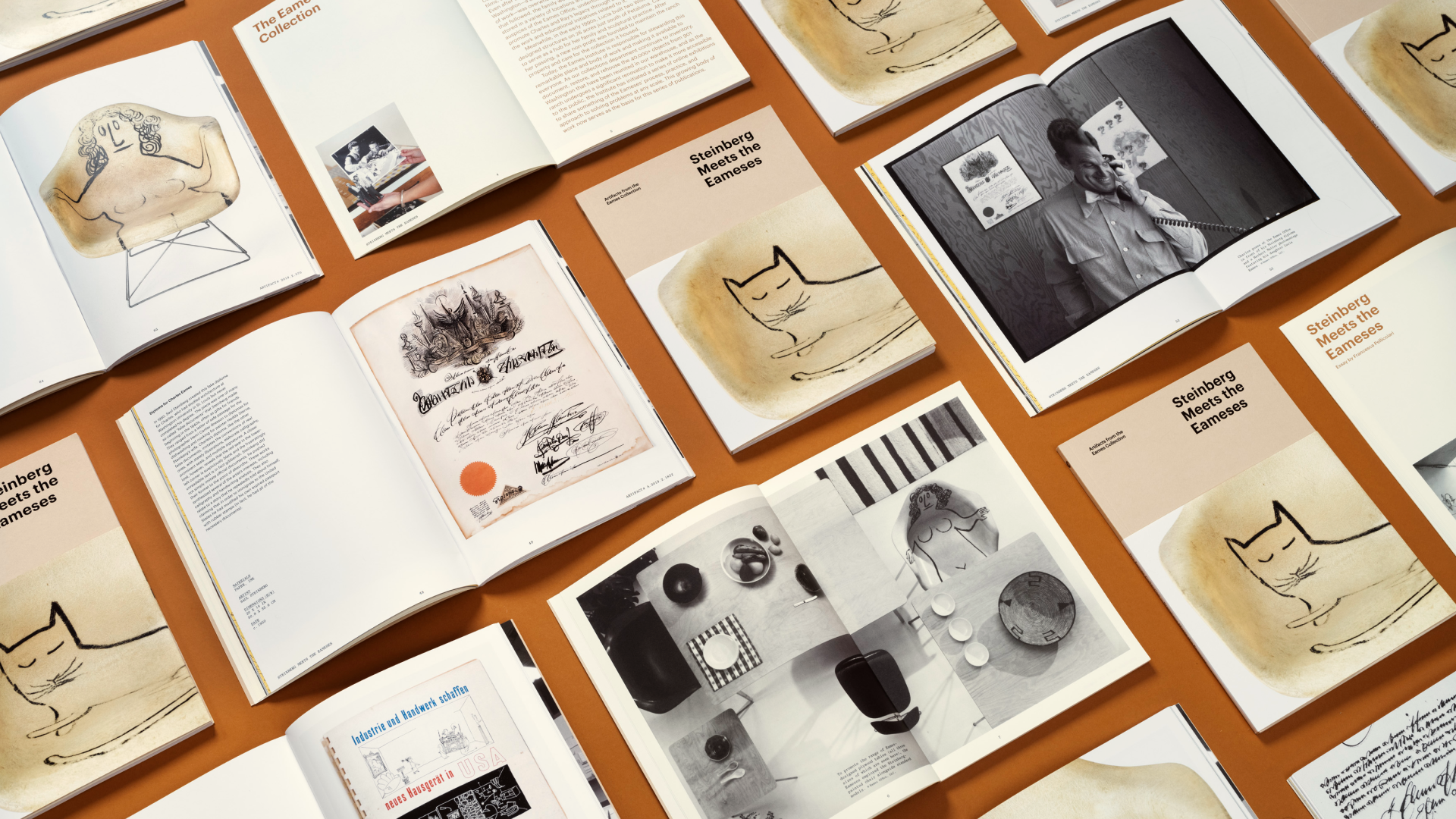 Several Eames Institute’s Saul Steinberg exhibit catalog page spreads and covers displayed on a colorful backdrop.