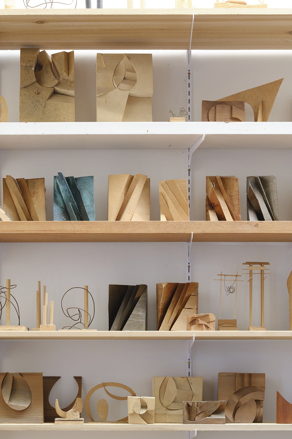 Interior of the Eames Ranch showing shelves containing wooden and wire models of sculptures created by Llisa Demetrios, granddaughter of Charles Eames.
