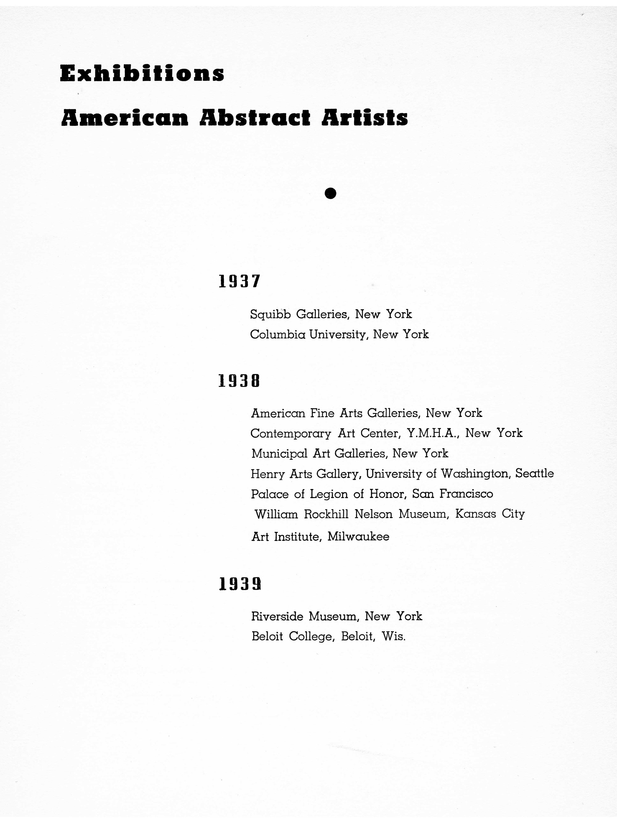 American Abstract Artists Exhibition Catalog interior page, 1939.