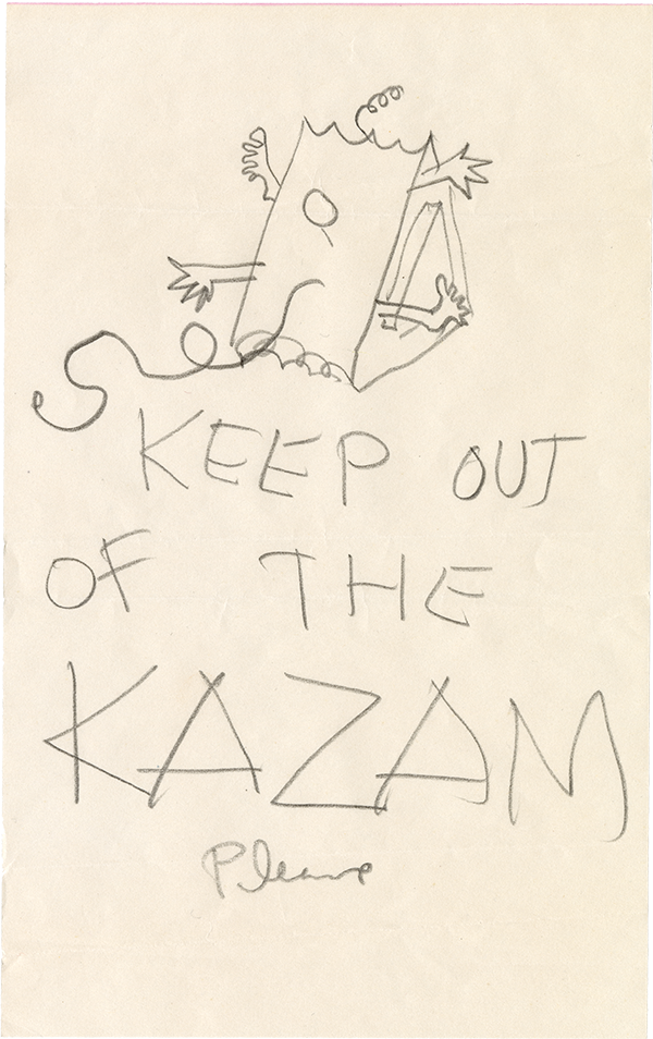 Drawing of the Kazam! machine by Charles Eames with a note to keep out.