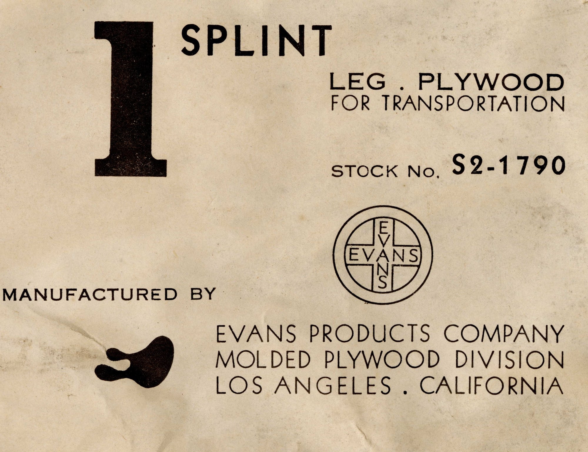 Evans Products Company splint label with a tan background and the Evans logo.
