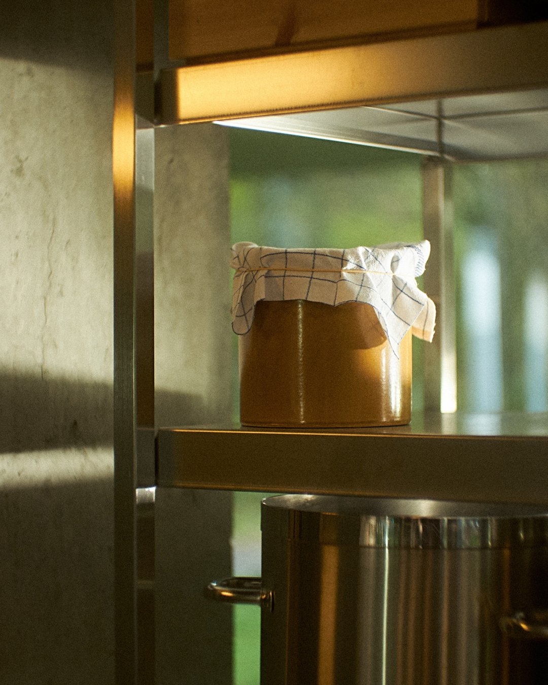 Shelf with jars and equipment inside the lab of food scientist, fermenter, and recipe developer David Zilber