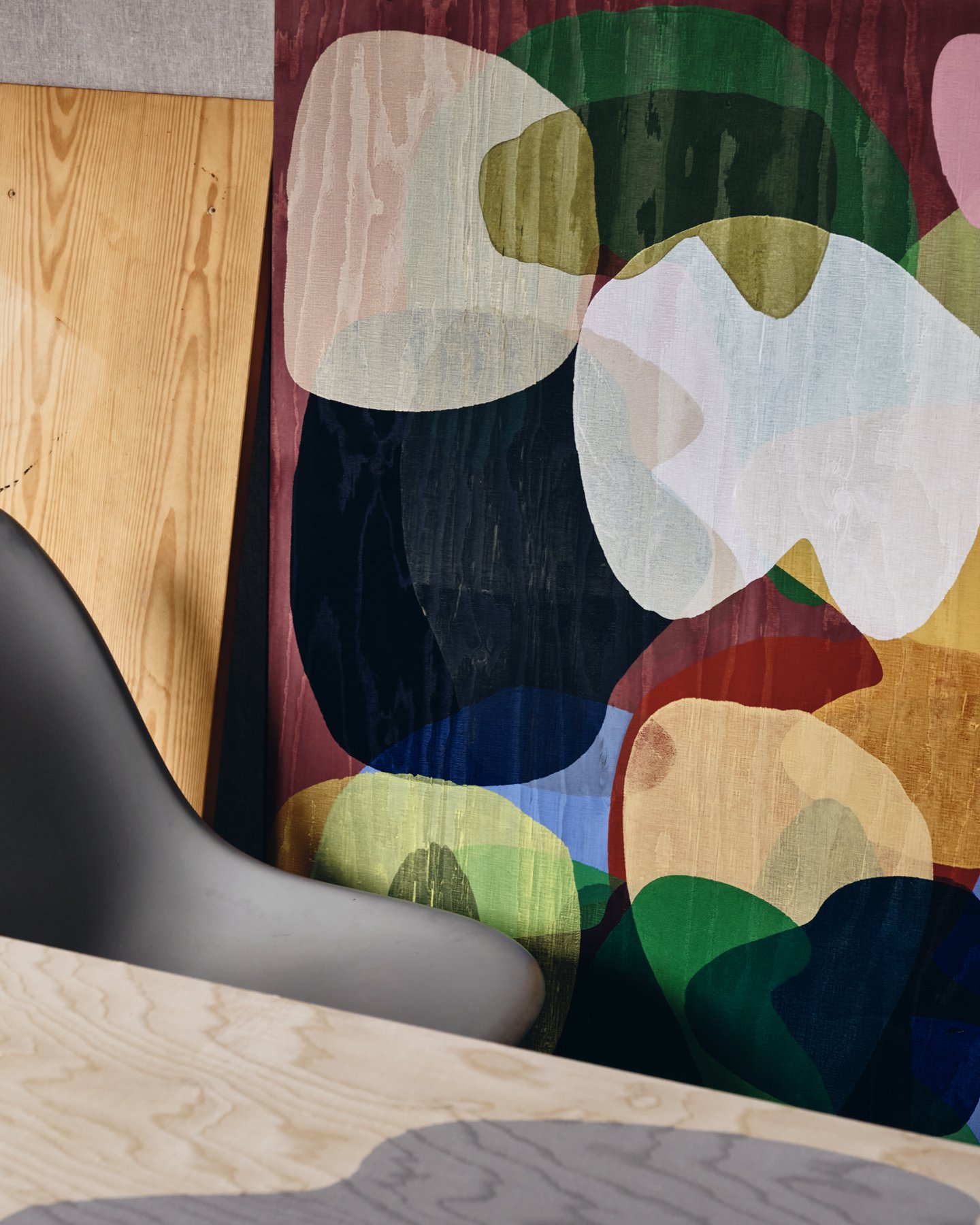 2. Artist Daniel Eatock’s London art studio featuring one of his many colorful Rolling Pin Paintings.