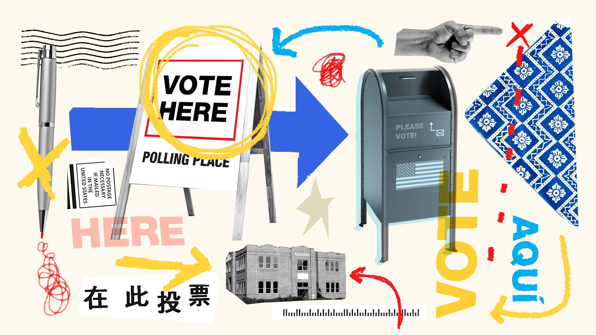 Collage representing images of polling places and voting process in a democracy.