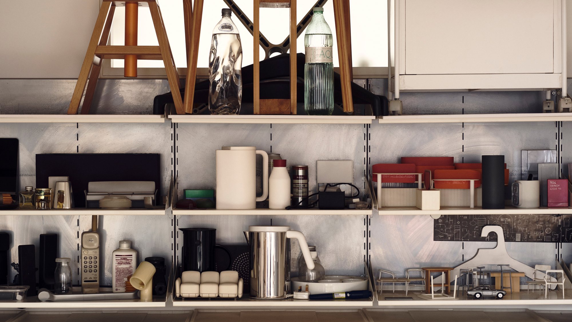 Shelves at design studio Industrial Facility featuring their designs and prototypes for many objects—Kazam! Magazine.