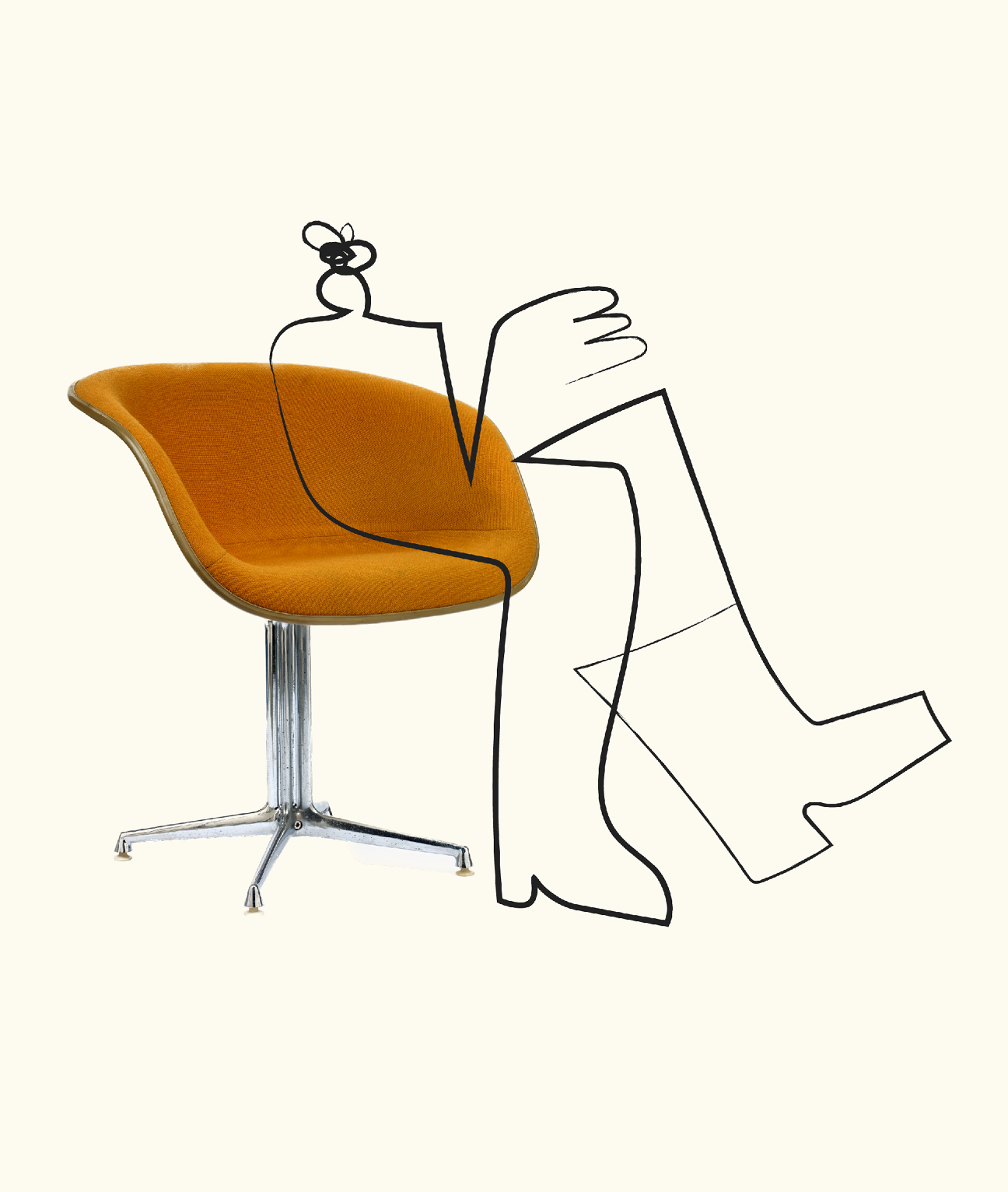 Eames La Fonda arm chair paired with a playful abstract line drawing of a person seated in the chair, Kazam! Magazine.