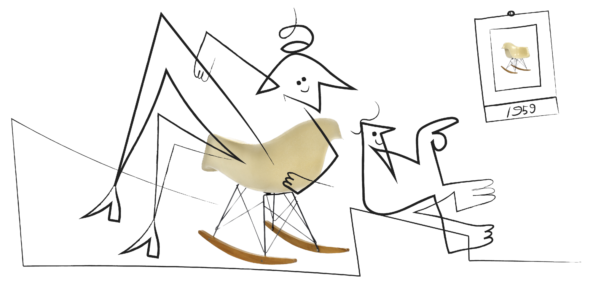 Eames rocking chair paired with a playful abstract line drawing, Kazam! Magazine.