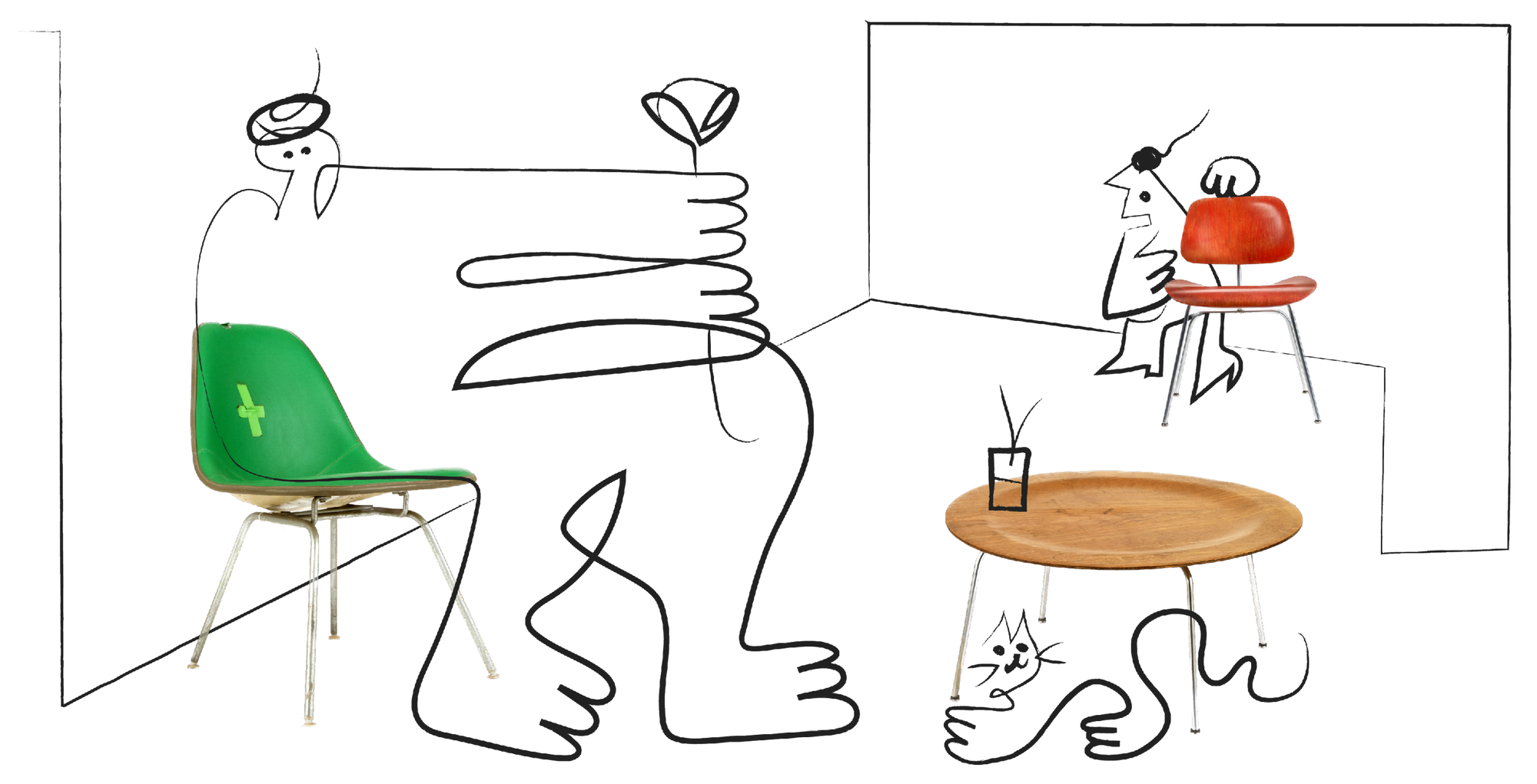 Eames side chair, molded plywood chair, and coffee table interact with playful abstract line drawings, Kazam! Magazine.