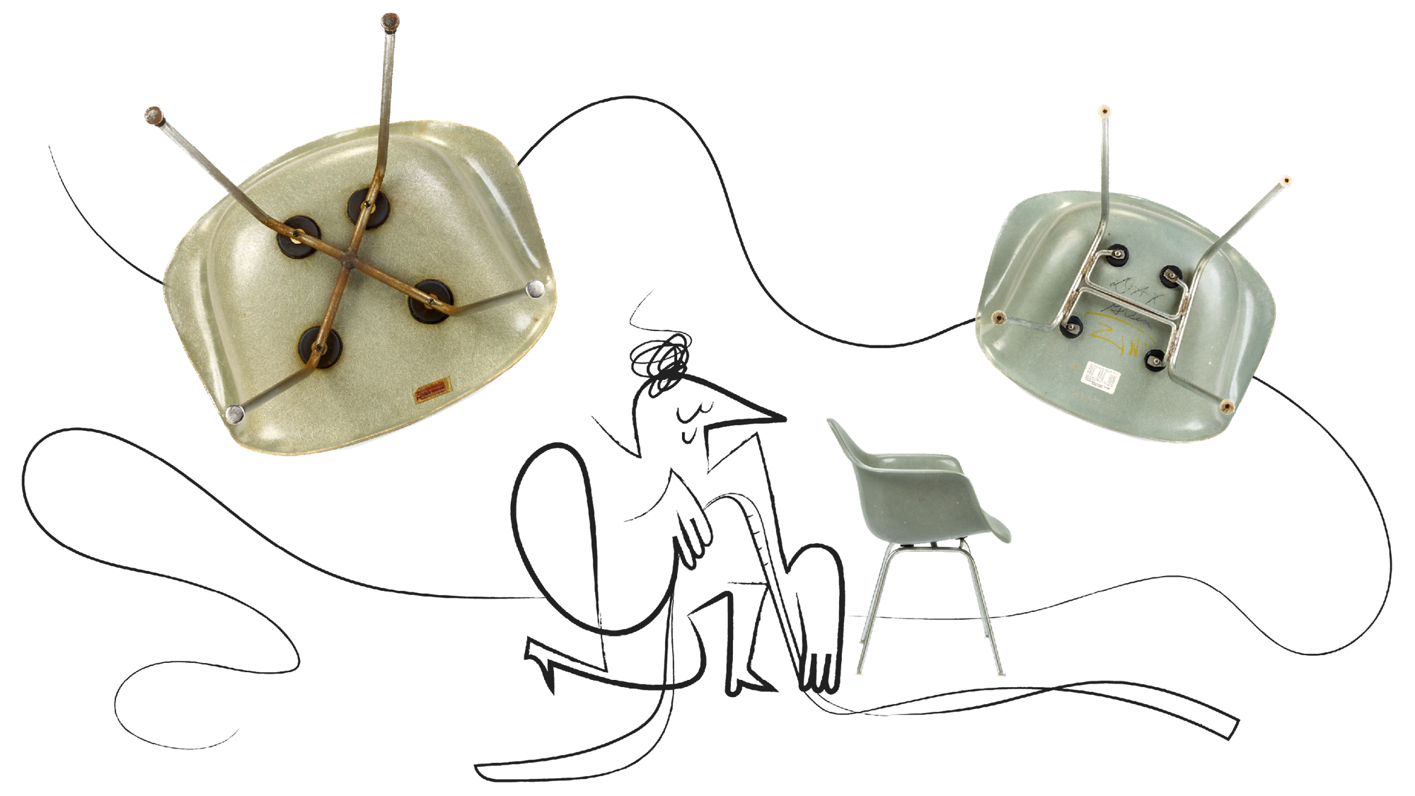 Underside view of Eames side chairs playfully interacting with line drawings, Kazam! Magazine.