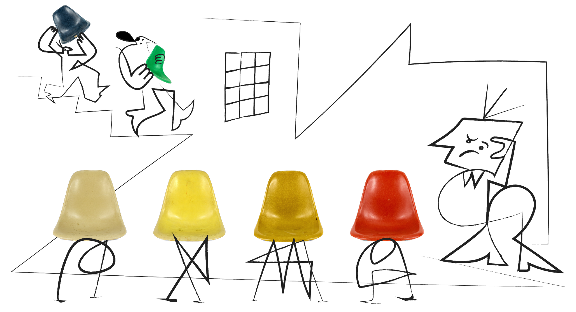 Eames side chair shells paired with abstract line drawings as their bases, Kazam! Magazine.