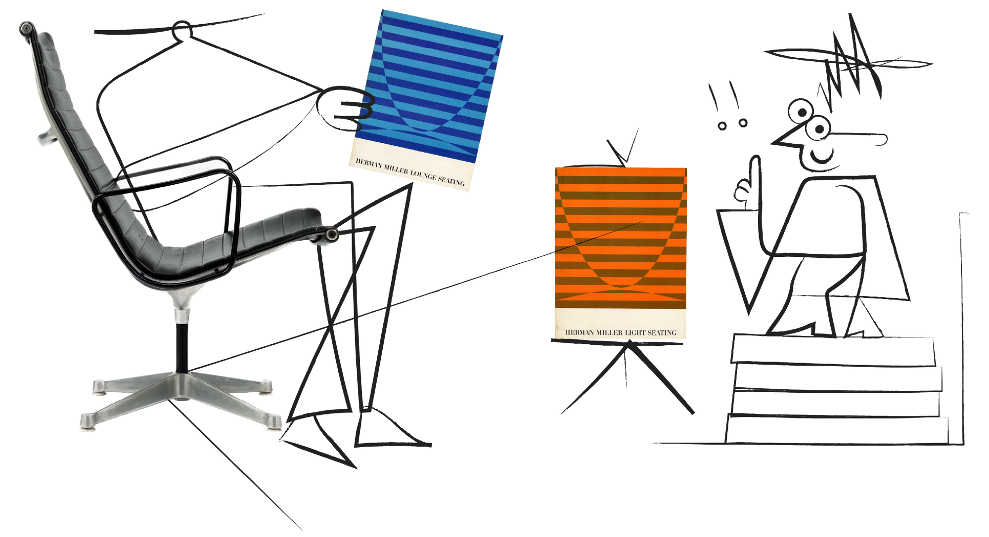 Eames Aluminum Group lounge chair with vintage Herman Miller catalogs and playful line drawings, Kazam! Magazine.