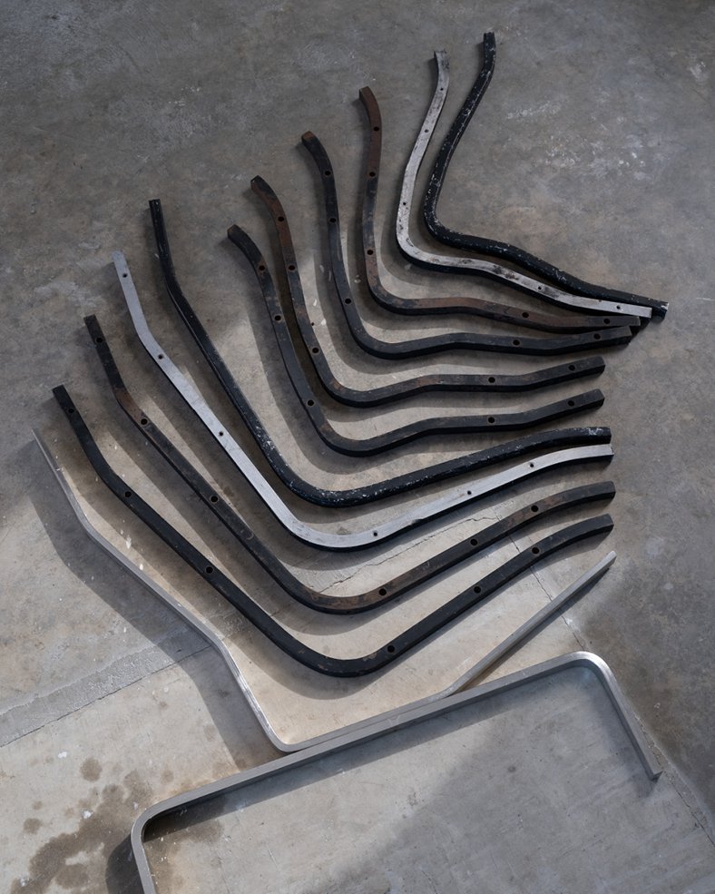 Metal prototypes for Eames sofa compact parts arranged in a nested configuration, Kazam! Magazine.