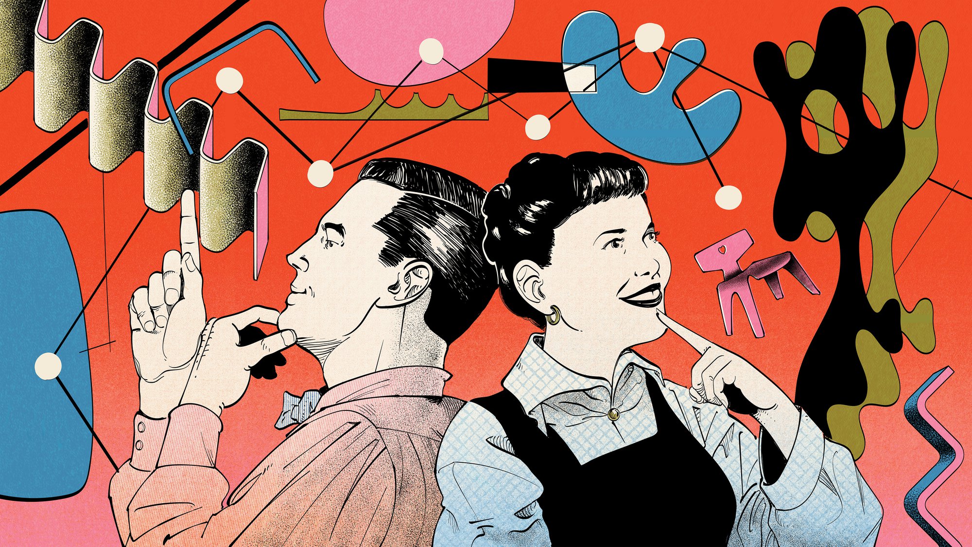 Ray and Charles Eames (shown in a colorful illustration) designers of the Kazam! machine made to mold plywood.