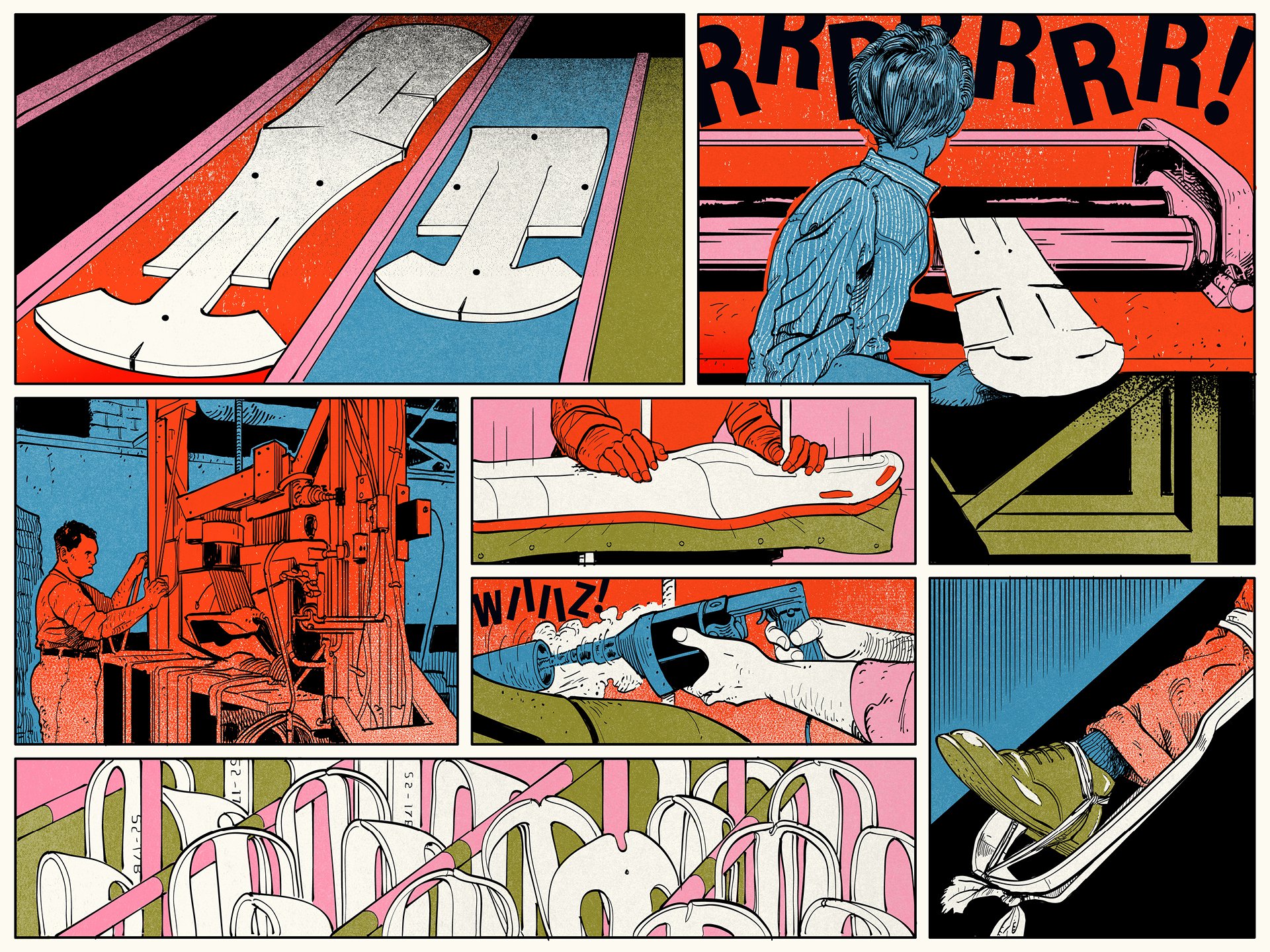 Colorful illustration of Eames designed molded plywood leg splints, a woman holding a leg splint and a man operating machinery.