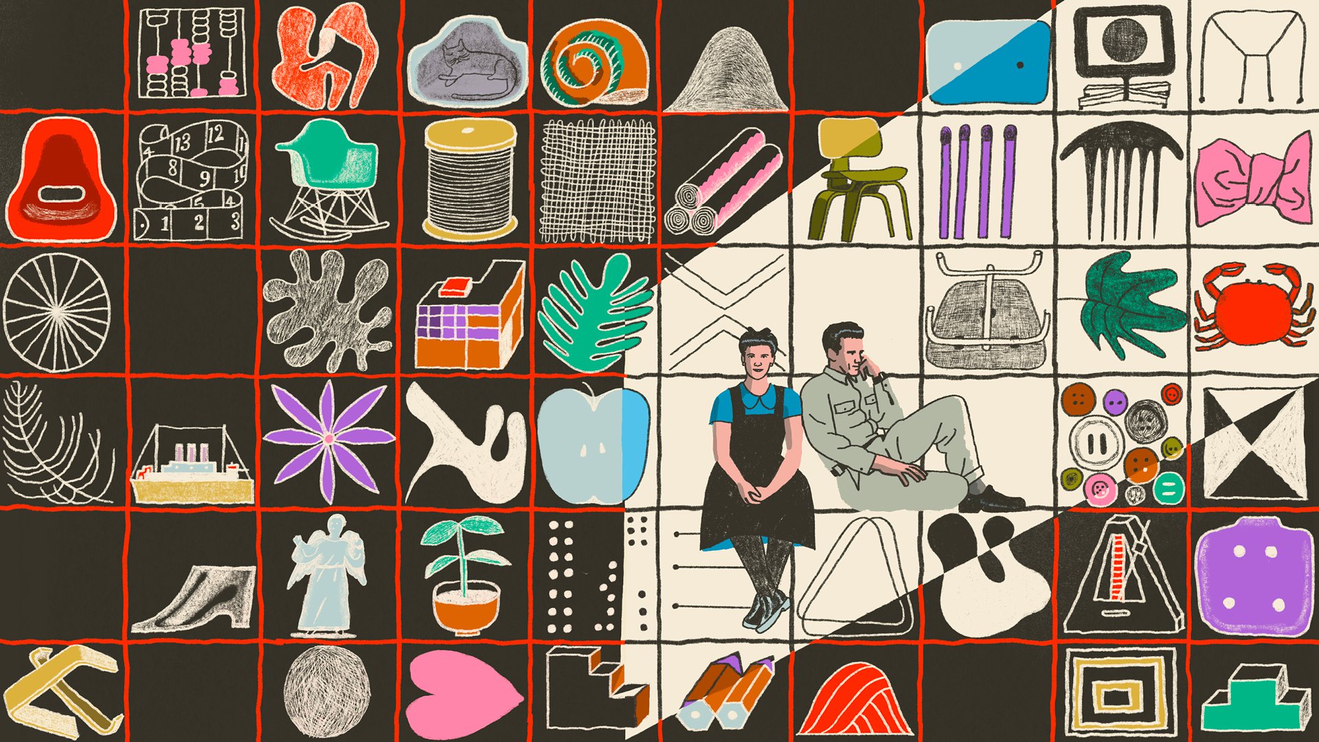 Brightly colored illustration of various Eames chairs, items from nature, and Ray and Charles Eames.