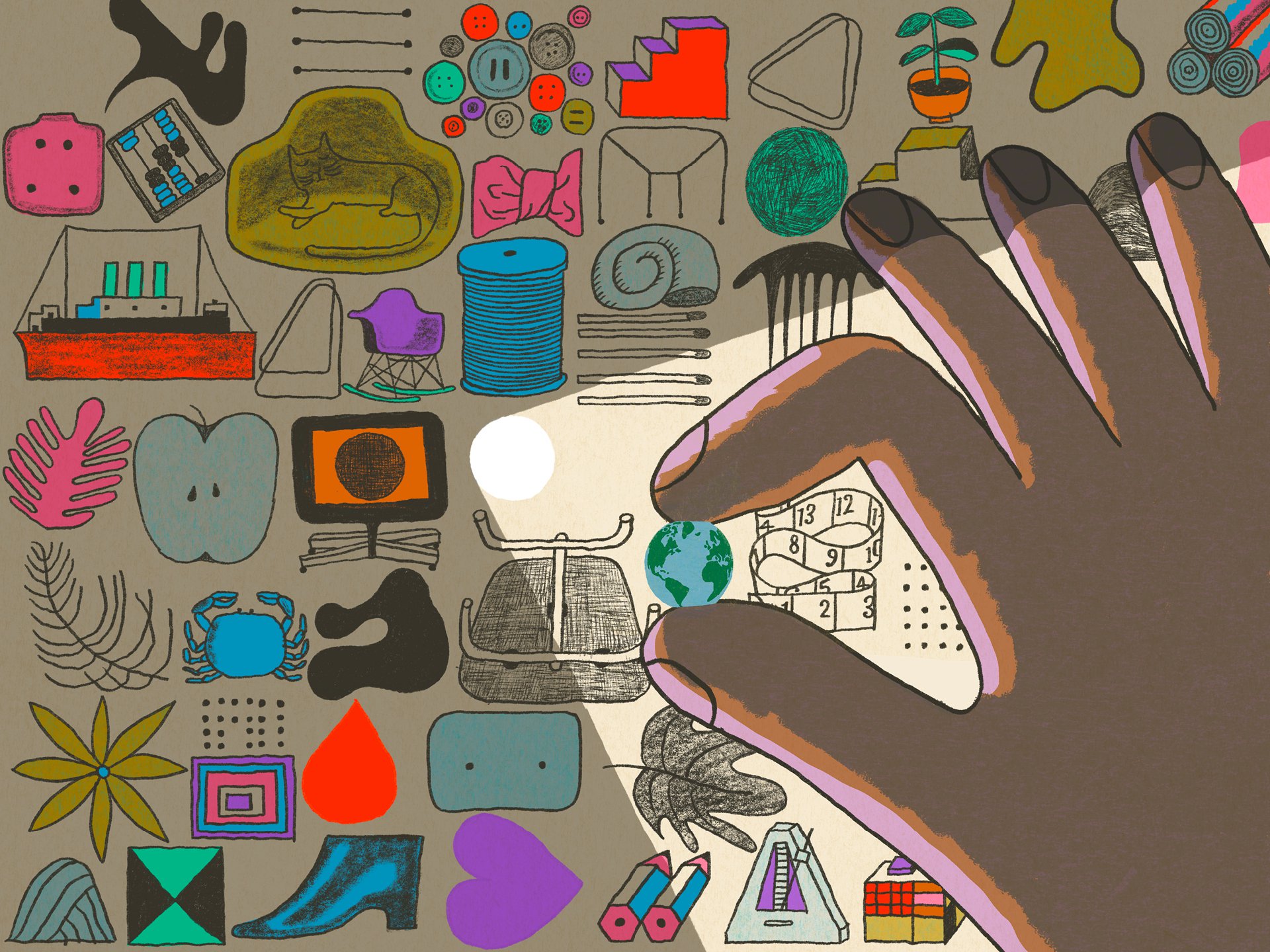 Brightly colored illustration of Eames chairs, objects from nature, and a large hand holding a small globe.