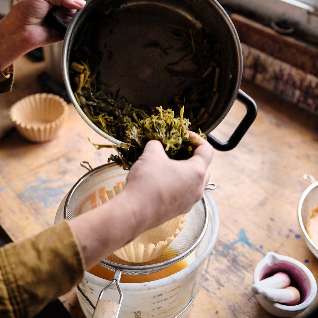 Abstract artist Natalie Stopka extracts the dye from weld flowers, separating it from the plant material.