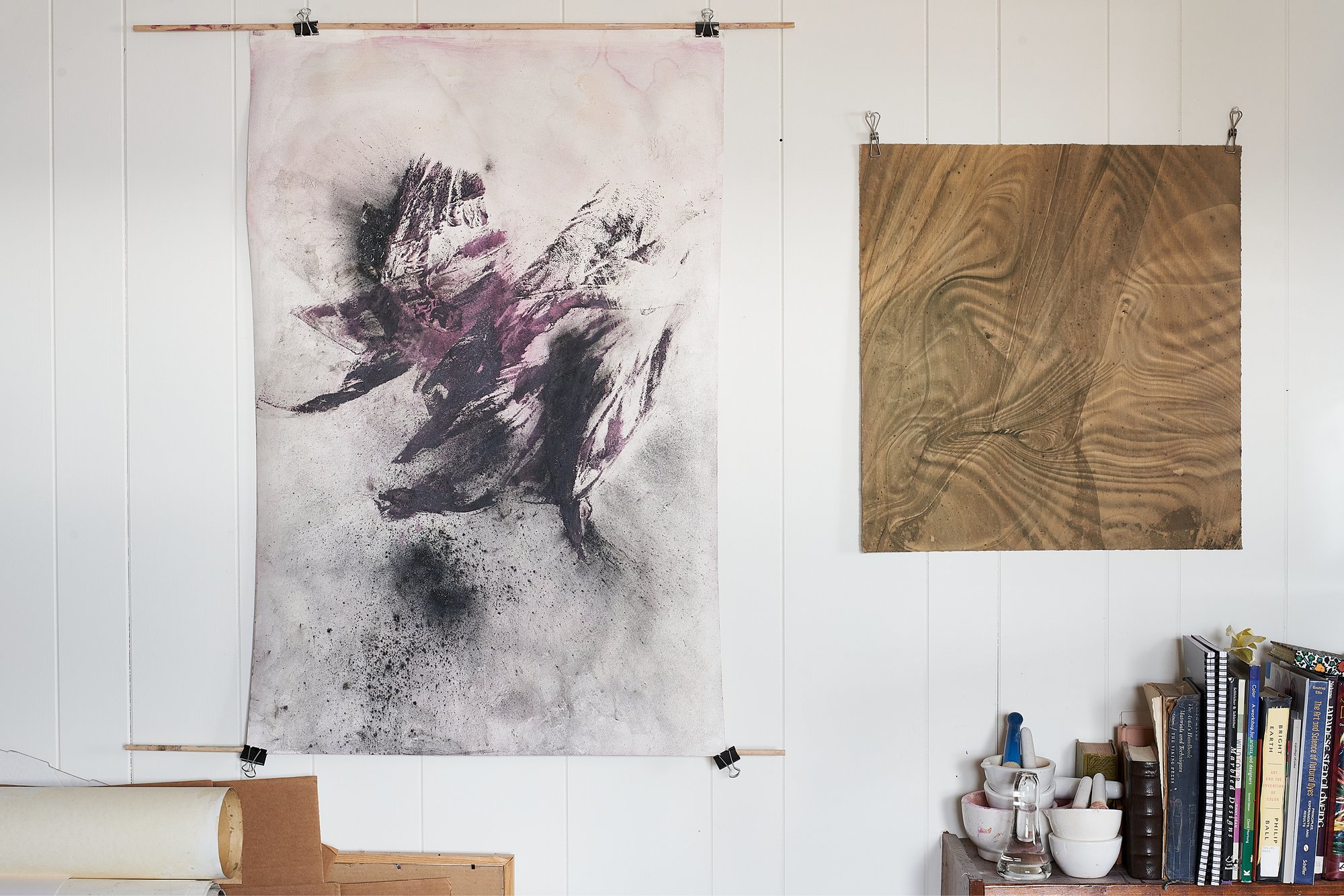 Works by abstract artist Natalie Stopka. Presentiment IV, 2021 (left), ink, chalk, and pigment on paper, 26 x 40". Soundings III, 2020 (right), oil paint and flag iris root pigment on paper, 21 x 22.5".