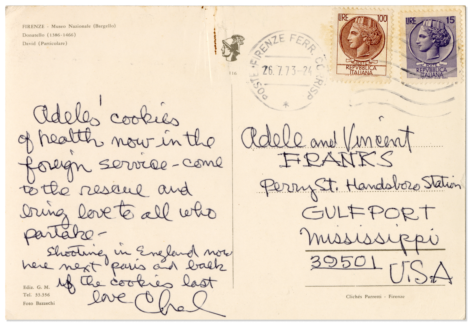David (Particolare), Donatello (1386–1466), postcard back sent by Charles Eames