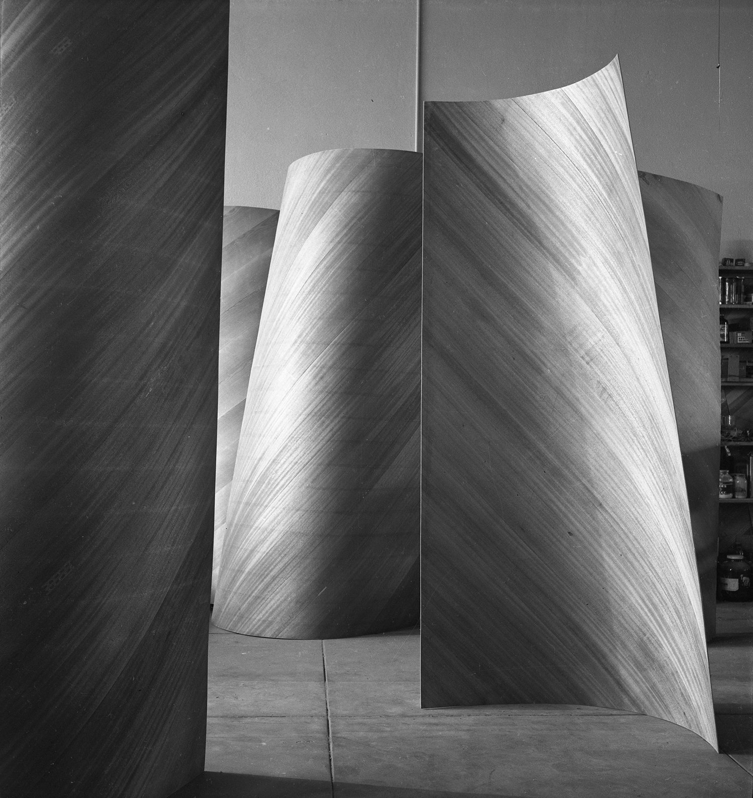 Close up view of molded and laminated plywood airplane parts.