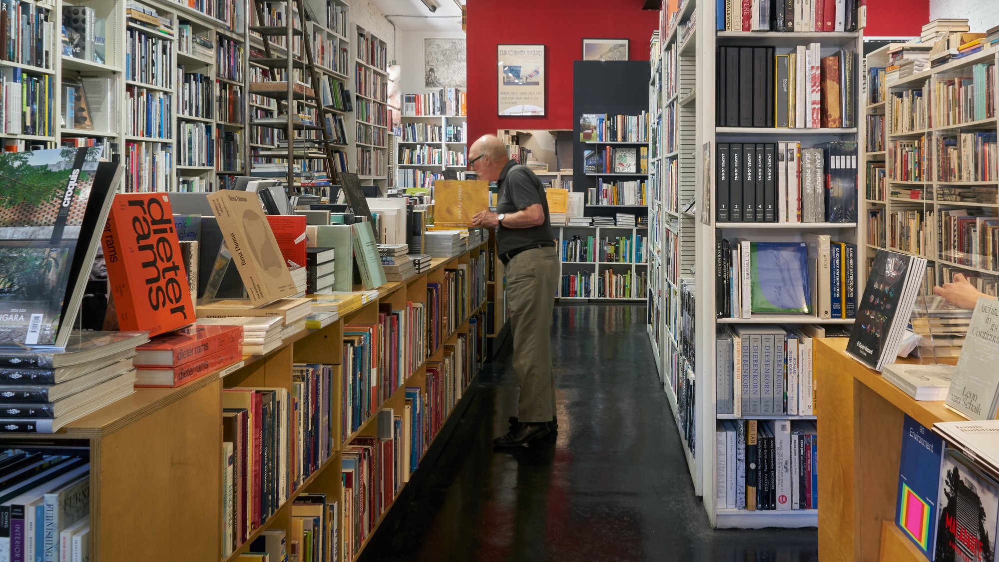 William Stout among the bookshelves at William Stout Architectural Books in San Francisco