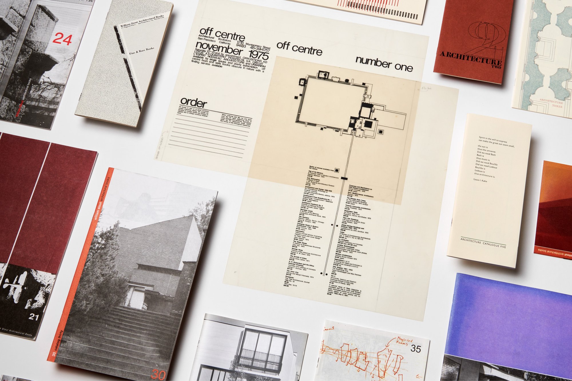 Table covered in catalogs published by William Stout Architectural Books. “Off Centre” was the original name of the shop.