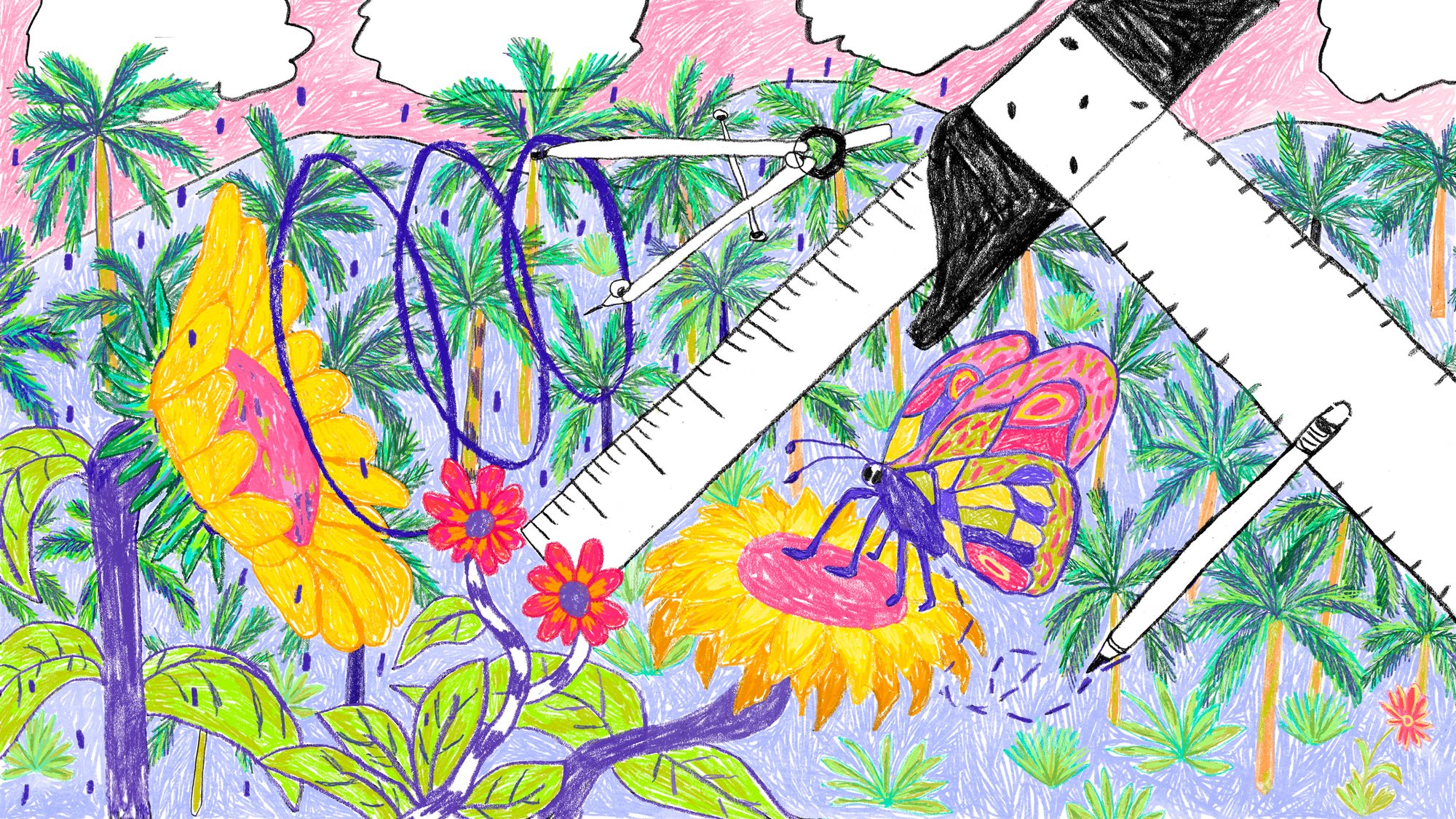 Climate activist and educator Sage Lenier’s thoughts on intersectional and circular design are depicted in this brightly colored illustration featuring plants and flowers.