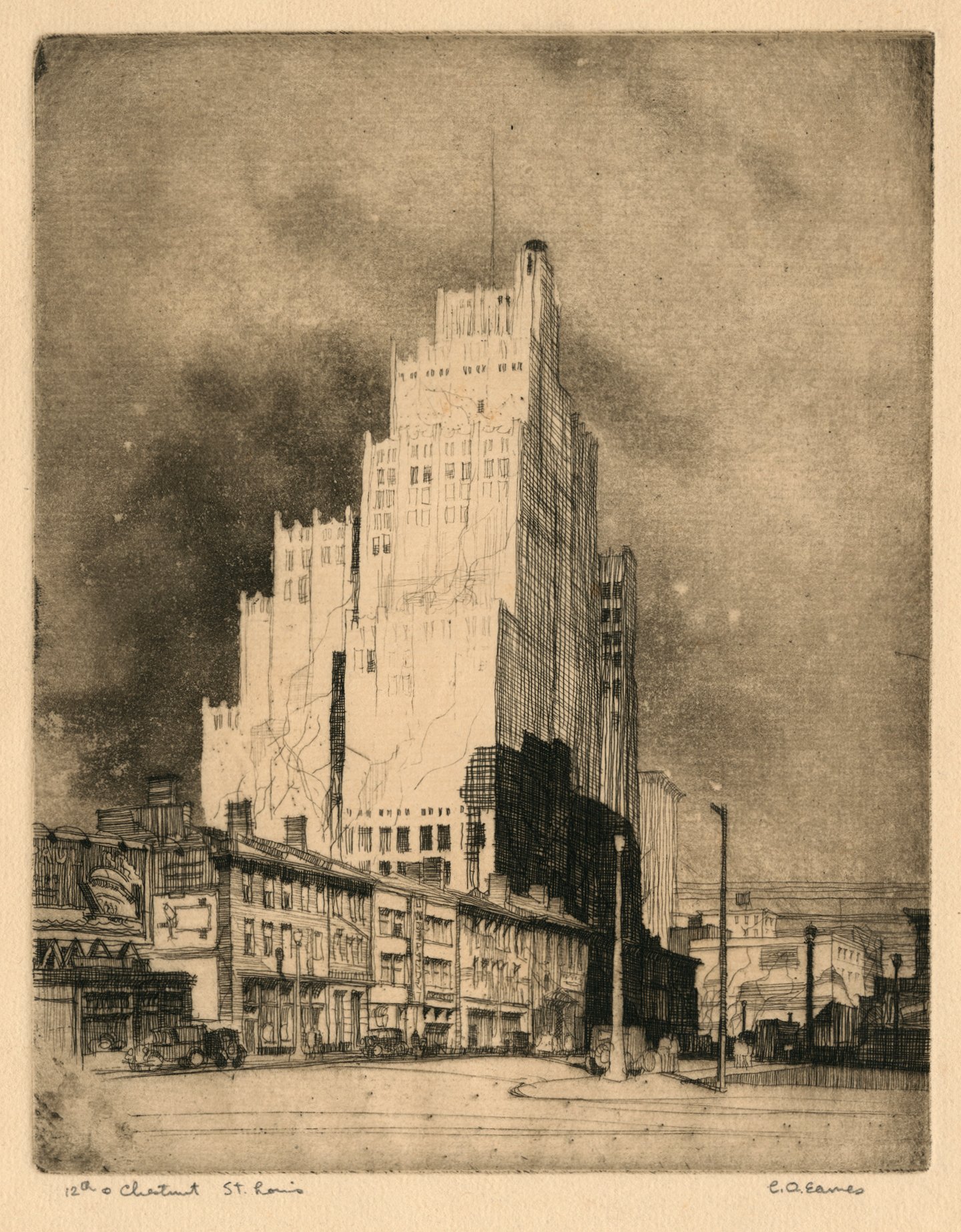 Charles built a press to print his own lithographs and etchings, such as this one, entitled 12th and Chestnut.