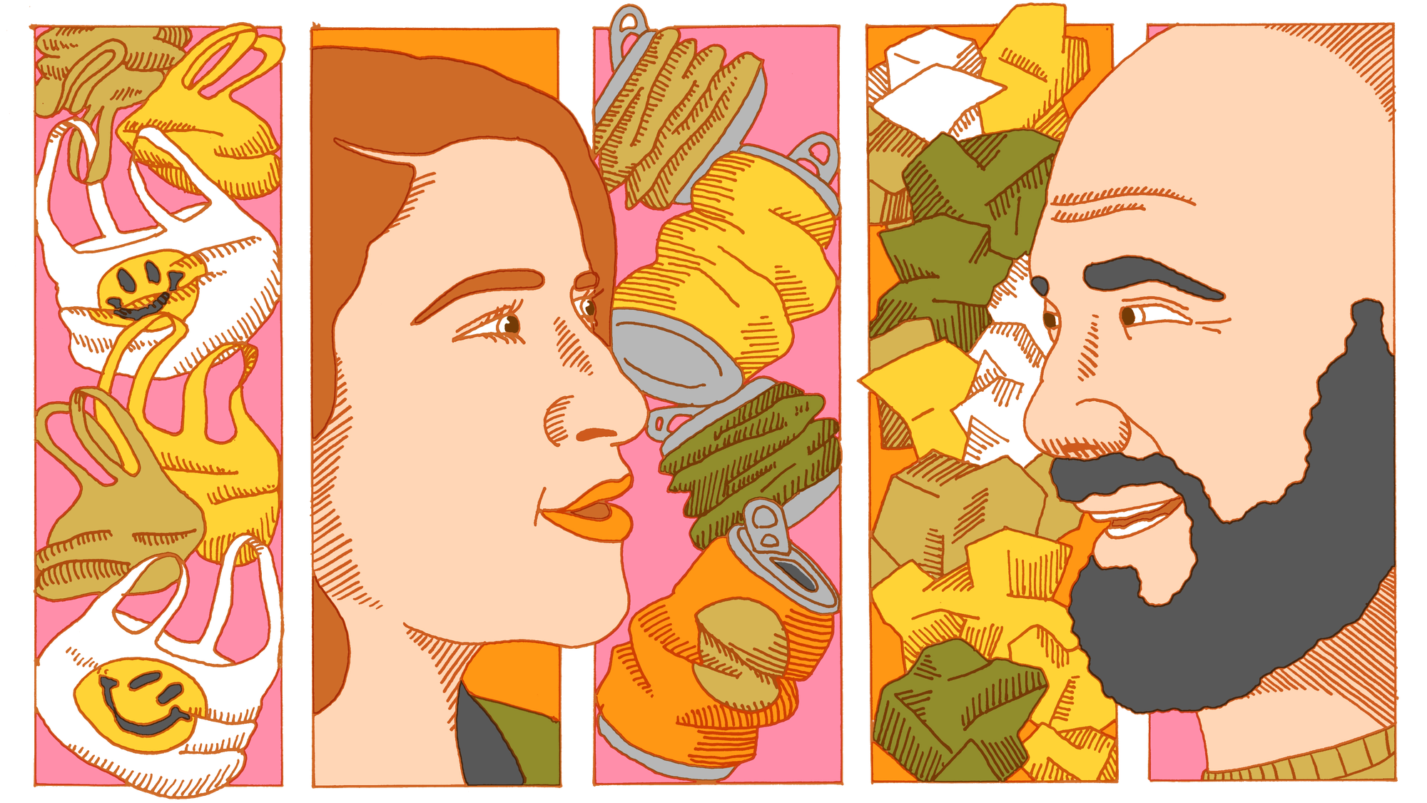 Illustration depicting the conversation between Noah Murphy-Reinhertz, sustainable design lead of Nike’s NXT Space Kitchen and Julie Raskin, executive director of the New York City Sanitation Foundation regarding circularity.