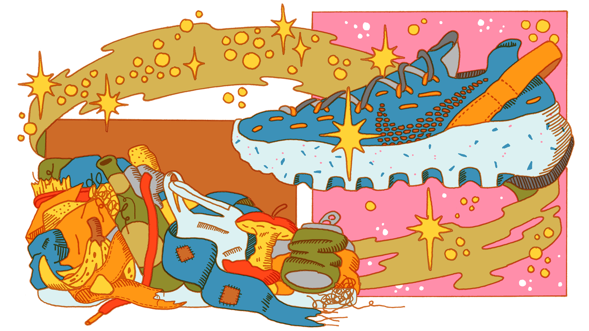 Illustration depicting sustainable design issues such as zero waste, circularity, and the circular economy.